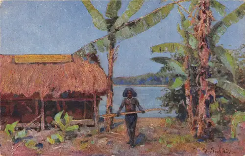 US3403 Kolonialfriegerdanf Native Man Lake Gemälde Postkarte Papua Neuguinea