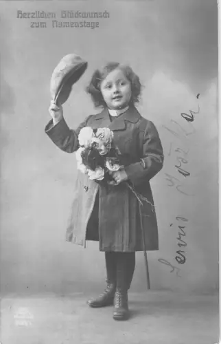 US3622 Herzlichen Gluckwunsch zum Namenstage Little Boy with Flowers greetings