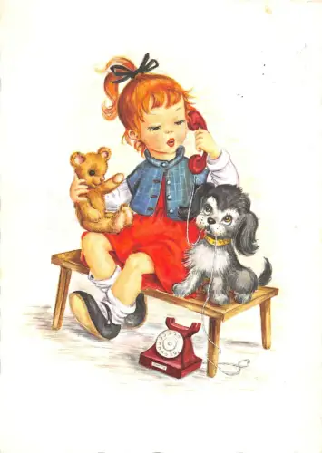 US4836 Kleines Mädchen am Telefon, Hunde Postkarte altes Telefon
