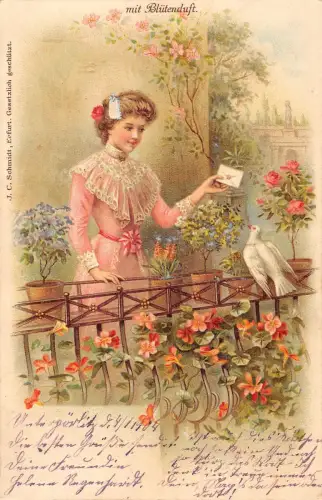 US3400 Mit Blutenduft Woman, Mail, Bird Flowers Fleurs litho greetings pigeon