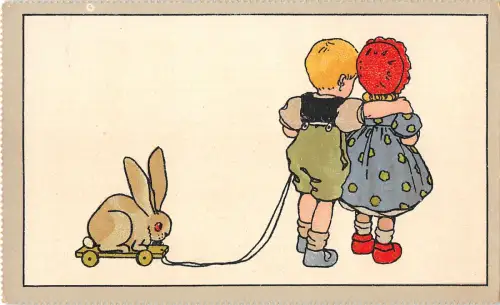 US2832 Kinder Huggin, Hase Postkarte Spielzeug Humor Comic Deutschland Künstler signiert