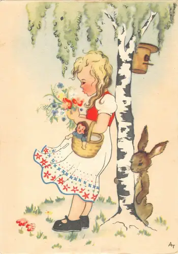 US4177 Teenager Mädchen Baum, Kaninchen Postkarte