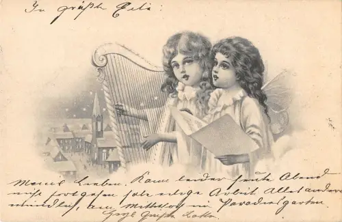 US2728 Engel spielen Harfe Winterdorf Schnee Fantasy Berlin Grüße 1904
