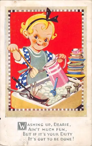 BR102569 Mädchen Geschirrspülen Comic Postkarte
