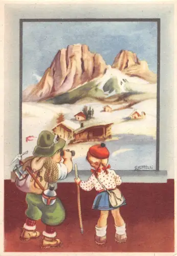 BR102748 Reittier Klettern Kinder Junge und Mädchen Postkarte Comic