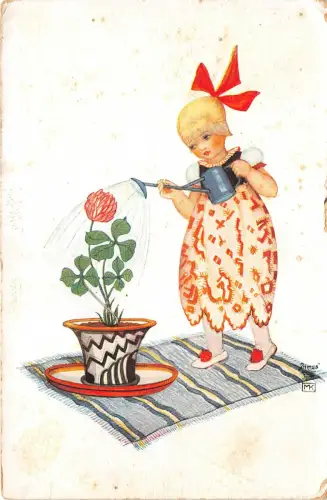 Lot170 Mädchen bewässert Blume Postkarte Gemälde Primus Künstler signiert Mela Koehler
