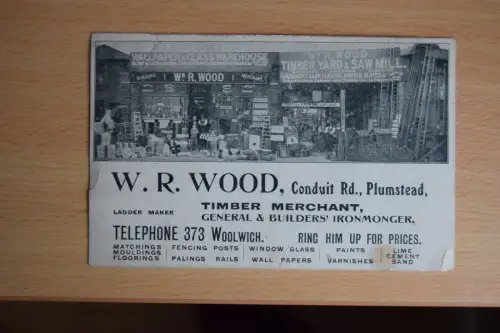 London Front Shop Woolwich Timber Merchant W R Wood Bulder Rare CARD!!!