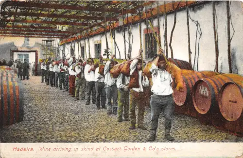 US25 Postkarte Spanien Madeira Wein in Schläuchen bei Cossart Traditionen getragen