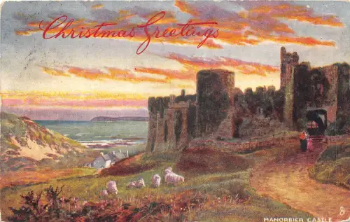 auk41493 weihnachtsgrüße manorbier castle wales uk
