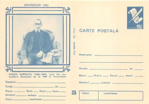 B8202 Entier Postaux Romania Simion Barnutiu Aniversari 1983