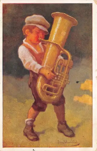 Lot168 Junge spielt Tuba Künstler signierte Postkarte Österreich