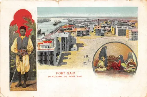 br106510 panorama de port said ägypten afrika folklore kostüm litho