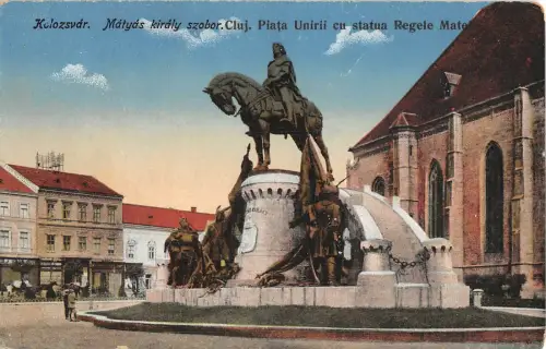 ro349 cluj napoca pta unirii cu statuia regele matei kolozsvar romania