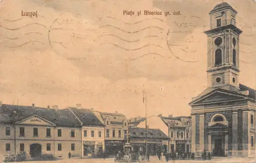 B76171 Lugoj Piata si Biserica gr Catolica Cenzurat 69 lugos romania timis