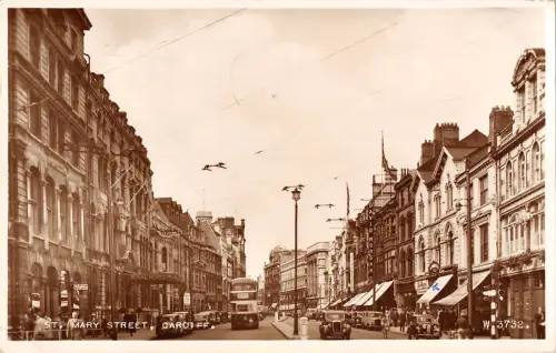 BR81311 St Mary Street Cardiff Doppeldecker Bus Auto Echtfoto Wales