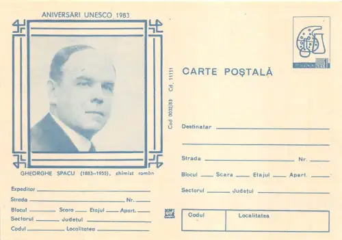 B8194 Entier Postaux Rumänischer Chemestry Chimie Gheorghe Spacu
