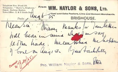 BR98615 Brighouse Kohle und Koksfaktoren Kalk und Gement Kaufleute Werbung