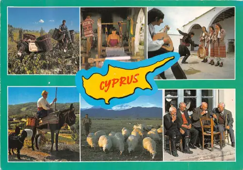 Lot 1 Zypern traditioneller Lebenswebstuhl Affe reiten Gitarre spielen Schaf Karte Ziege