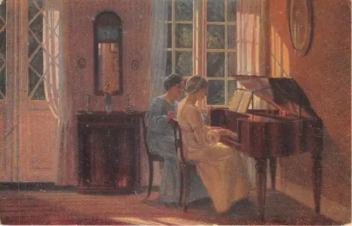 Lot 70 Dänische Kunst Mädchen spielt Klavier Die alte Heimat Dänemark Gemälde Postkarte