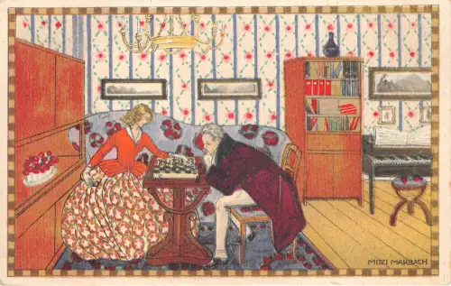 Lot292 Mitzi Marbach Künstler signiert Schachspiel Litho Postkarte Kunst