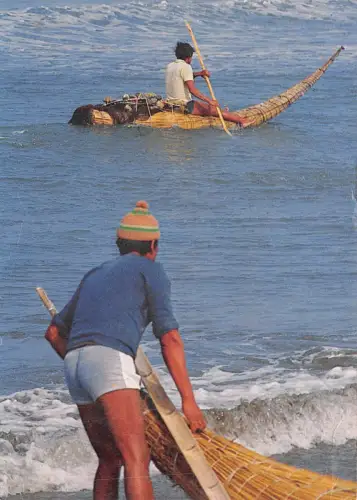 Lot408 Peru Angeln mit Flößen Caballitos de Totora Huanchaco Strand