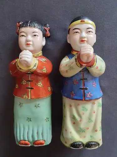Antike chinesische Porzellan / Keramik Statuen - Glückbringer Pärchen - Jade Girl und Golden Boy