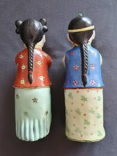 Antike chinesische Porzellan / Keramik Statuen - Glückbringer Pärchen - Jade Girl und Golden Boy