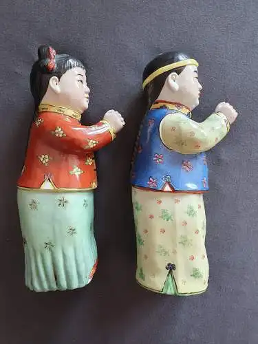 Antike chinesische Porzellan / Keramik Statuen - Glückbringer Pärchen - Jade Girl und Golden Boy