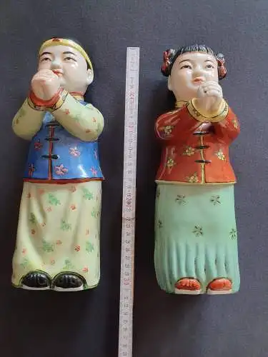 Antike chinesische Porzellan / Keramik Statuen - Glückbringer Pärchen - Jade Girl und Golden Boy