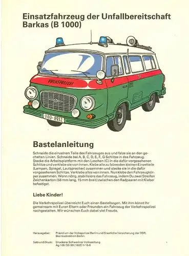 Modellbau: DDR-Bastelbogen, Einsatzfahrzeug der Unfallbereitschaft der DDR, Barkas (B 1000), Original aus DDR-Produktion - EXTREM SELTEN!