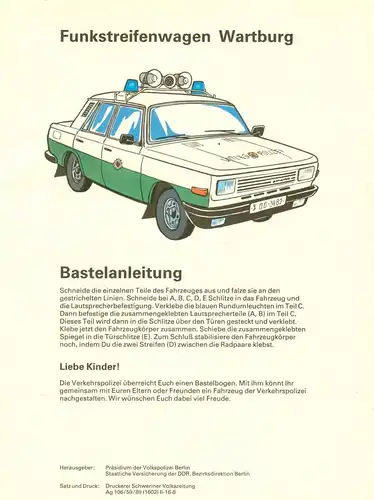 Modellbau: DDR-Bastelbogen, Funkstreifenwagen der Volkspolizei der DDR, Wartburg, Original aus DDR-Produktion 