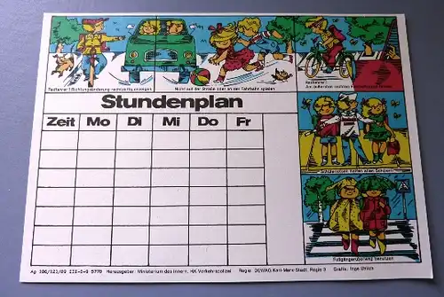 Stundenplan: DDR-Stundenplan zur Verkehrserziehung, Original aus DDR-Produktion, 80er Jahre