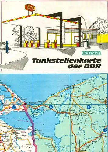 Faltplan: DDR-Faltplan mit den wichtigsten VEB-MINOL-Tankstellen und Service-Stationen, Original aus DDR-Produktion, selten
