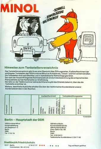 Faltplan: DDR-Faltplan mit den wichtigsten VEB-MINOL-Tankstellen und Service-Stationen, Original aus DDR-Produktion, selten