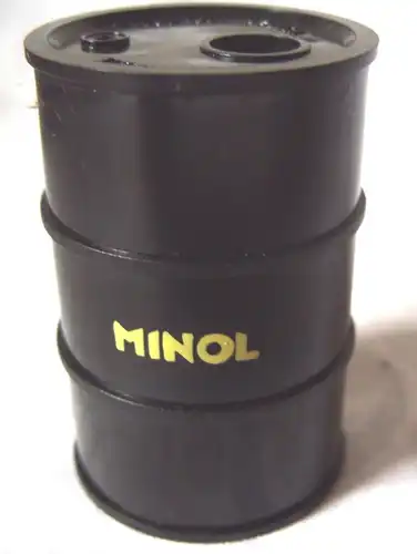 Werbung: Anspitzer Minol - vormals DDR VEB Kombinat MINOL, Benzinfass, 1990-1993