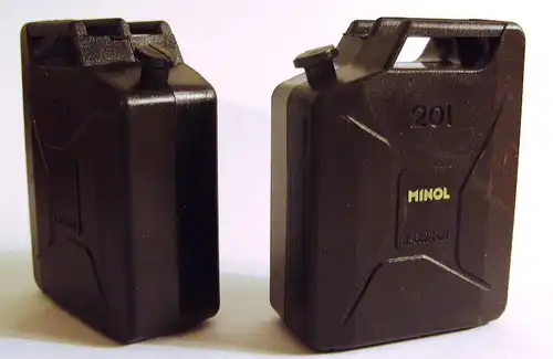 Werbung: Anspitzer Minol - vormals DDR VEB Kombinat MINOL, Benzinkanister, 1990-1993