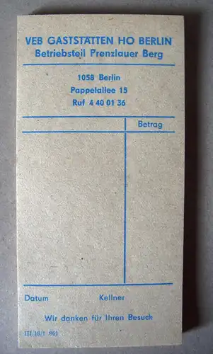 Quittungsblock VEB Gaststätten HO Berlin, unbenutzt,  Werbung, DDR, 80er