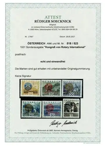 Österreich 1931 Nr 518 bis 523 Postfrisch / **