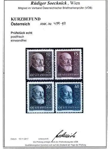 Österreich 1928 Nr 494 bis 497 Postfrisch / **