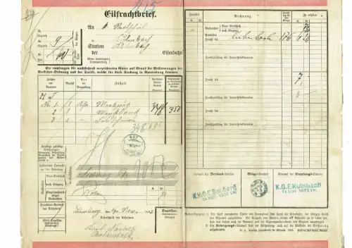 EILFrachtbrief 1893 FELDSCHMIEDE + WERKZEUG + WERKBANK K. Narius Bamberg #116