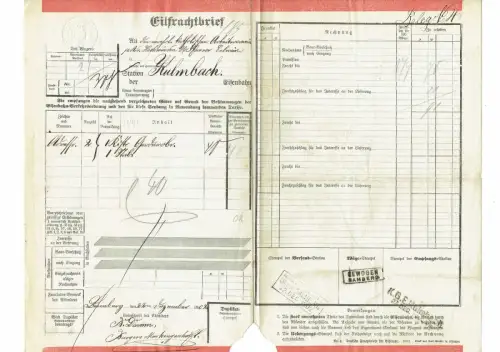 EILFrachtbrief 1902 Bamberg KISTE GARDEROBE MASKENGESCHÄFT an kath. PFARRER #115