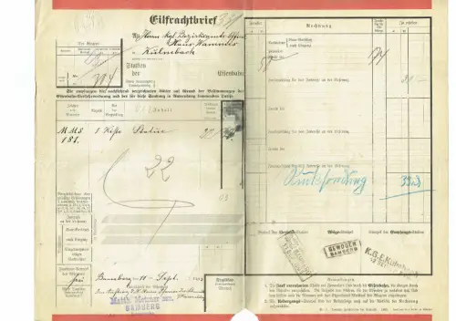 EILFRACHTBRIEF 1903 Bamberg-Kettenbrücke STATUE Kulmbach #99