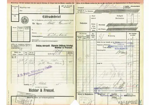 EILFrachtbrief 1915 NÜRNBERG Eisenwaren Kgl Bay. Staatseisenbahn KULMBACH #124