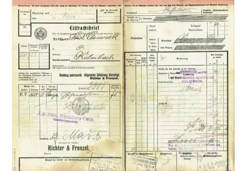 EILFrachtbrief 1915 NÜRNBERG Eisenröhren nach KULMBACH #123