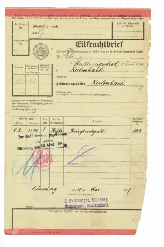 EILFrachtbrief 1919 KRIEGSNOTGELD Nürnberg Münzprägeanstalt #88