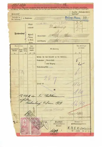 EILFrachtbrief 1919 KRIEGSNOTGELD Nürnberg Münzprägeanstalt #88