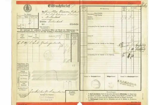 Eilfrachtbrief Staatseisenbahn SACHSEN 1903 THEATERGARDEROBE Kulmbach Zwickau