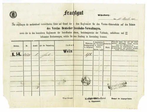 Frachtbrief 1871 WÜRZBRUG kgl. bay. Eisenbahnen WEIN / ALKOHOL Hofkellerei #11