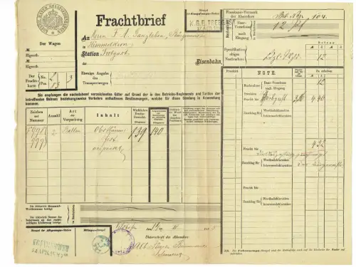 Frachtbrief 1885 HIMMELKRON VILSHOFEN Obtbäume kgl. bay. Eisenbahn #20