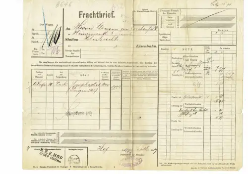 Frachtbrief 1889 HOF in Bayern / HELMBRECHTS / SCHÖNBERG Vogtland DÜNGEMITTEL#55